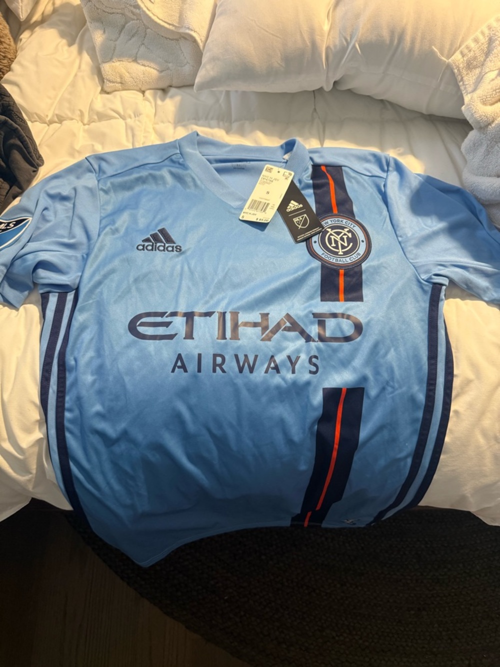 adidas Light Blue NYC Soccer Jersey with Navy & Orange Accents
